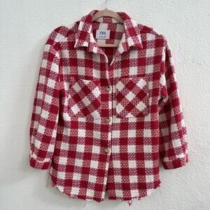 Zara Long Sleeve Button-Front Woven Plaid Shacket Salmon Pink Women's Size 13/14